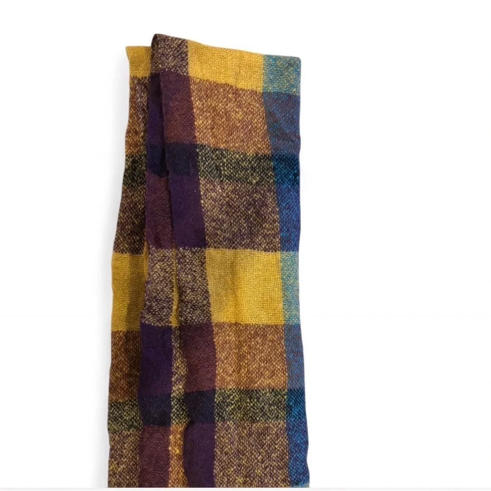 Oversized Plaid Blanket Scarf Mustard Purple Teal Chunky Fringe Cozy Wrap